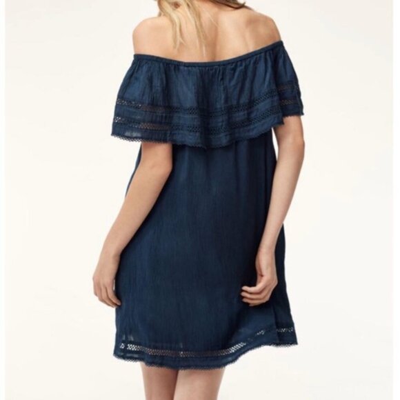 Wilfred Aritzia Emmie Mini Dress Lace Off the Shoulder Eyelet Blue boho chic 2XS - Picture 16 of 16
